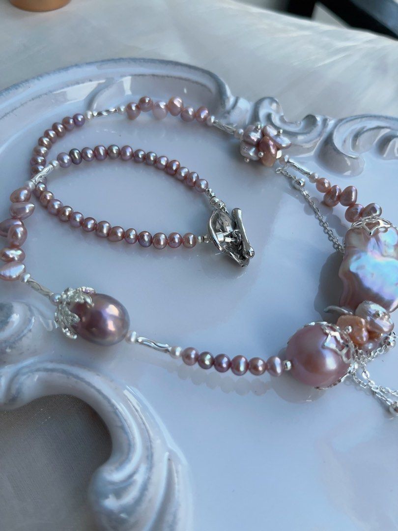 #PN967 [Floral Series] Freshwater Pearl Necklace | 30mm+ Big Fishtail Baroque | Purple Lustrous | Avocado 🥑 | 40cm| Dangling Baroque | Refined Style, Handcrafted to Perfection