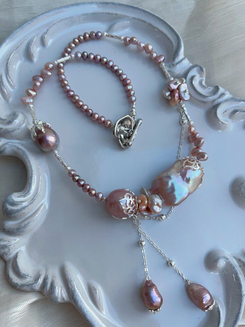 #PN967 [Floral Series] Freshwater Pearl Necklace | 30mm+ Big Fishtail Baroque | Purple Lustrous | Avocado 🥑 | 40cm| Dangling Baroque | Refined Style, Handcrafted to Perfection