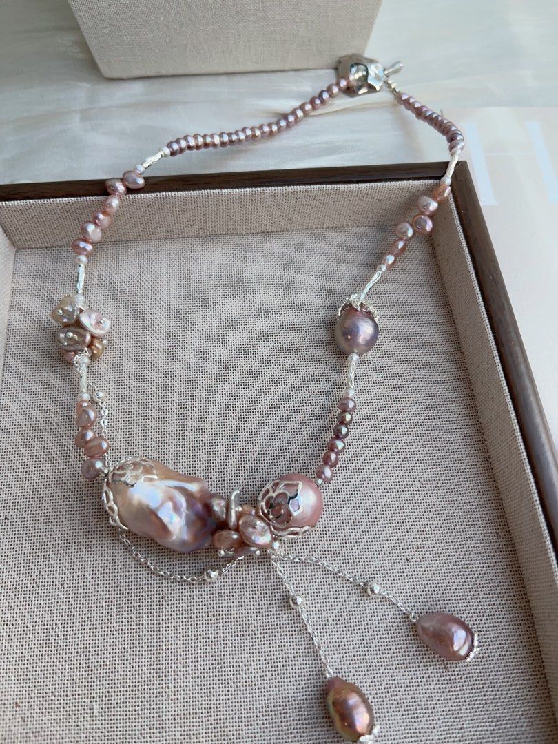 #PN967 [Floral Series] Freshwater Pearl Necklace | 30mm+ Big Fishtail Baroque | Purple Lustrous | Avocado 🥑 | 40cm| Dangling Baroque | Refined Style, Handcrafted to Perfection