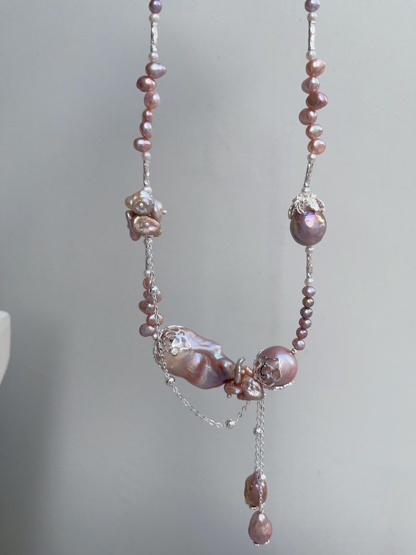 #PN967 [Floral Series] Freshwater Pearl Necklace | 30mm+ Big Fishtail Baroque | Purple Lustrous | Avocado 🥑 | 40cm| Dangling Baroque | Refined Style, Handcrafted to Perfection