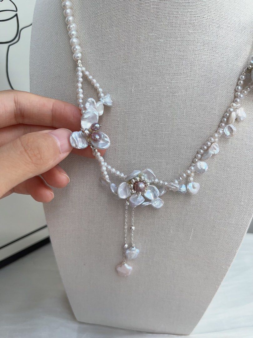 #PN968 Freshwater Pearl Necklace | Wrapped 2-layer| Silver-blue Petals| Blue-silver Flower Design | 42cm| Dangling Star ⭐️ | Lustrous Pearls for Every Occasion