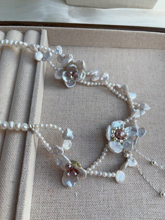 #PN968 Freshwater Pearl Necklace | Wrapped 2-layer| Silver-blue Petals| Blue-silver Flower Design | 42cm| Dangling Star ⭐️ | Lustrous Pearls for Every Occasion