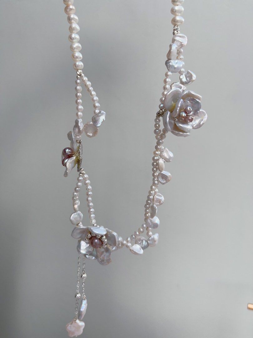 #PN968 Freshwater Pearl Necklace | Wrapped 2-layer| Silver-blue Petals| Blue-silver Flower Design | 42cm| Dangling Star ⭐️ | Lustrous Pearls for Every Occasion