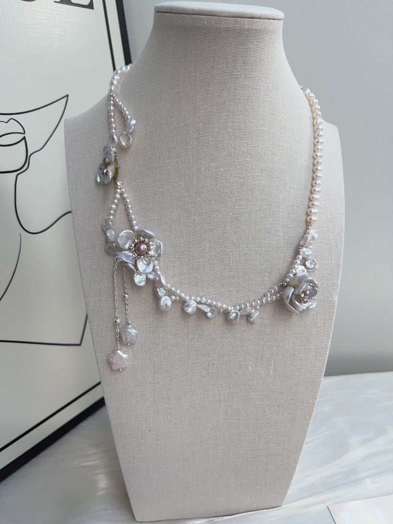 #PN968 Freshwater Pearl Necklace | Wrapped 2-layer| Silver-blue Petals| Blue-silver Flower Design | 42cm| Dangling Star ⭐️ | Lustrous Pearls for Every Occasion