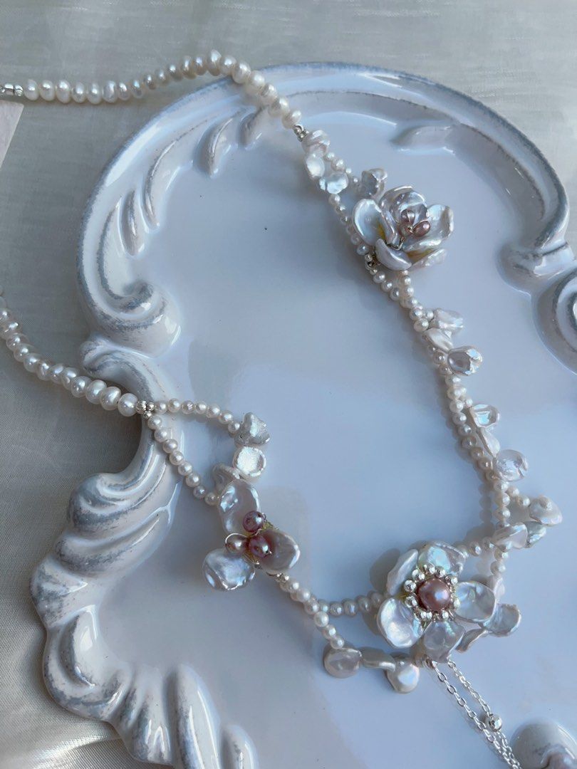 #PN968 Freshwater Pearl Necklace | Wrapped 2-layer| Silver-blue Petals| Blue-silver Flower Design | 42cm| Dangling Star ⭐️ | Lustrous Pearls for Every Occasion