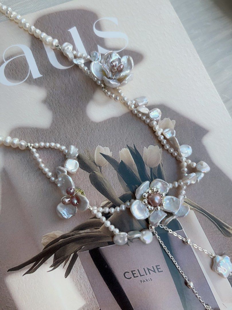 #PN968 Freshwater Pearl Necklace | Wrapped 2-layer| Silver-blue Petals| Blue-silver Flower Design | 42cm| Dangling Star ⭐️ | Lustrous Pearls for Every Occasion