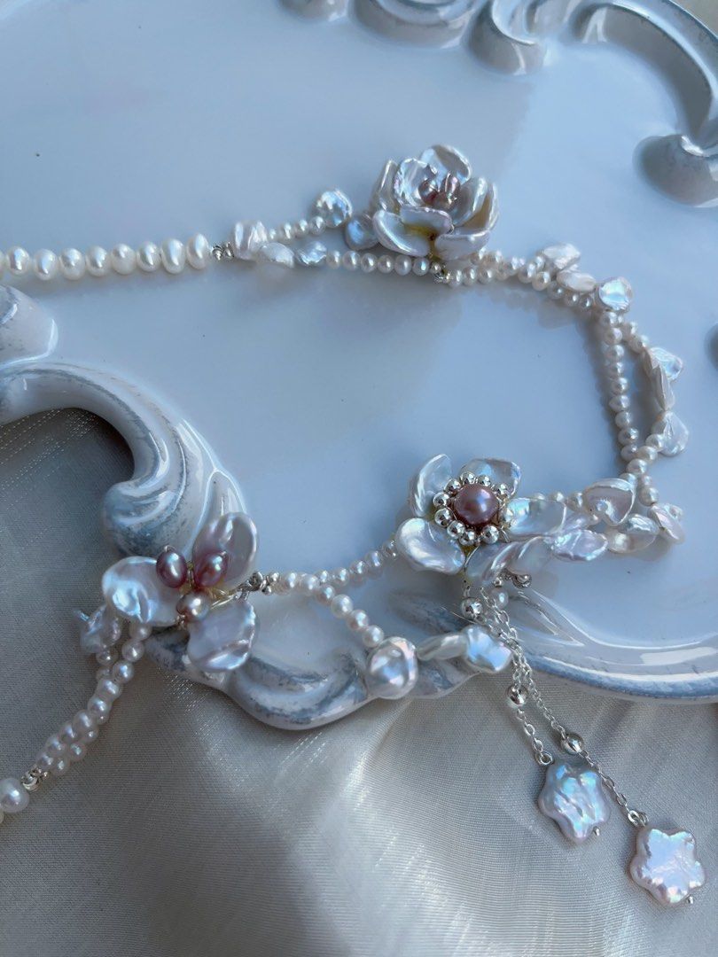 #PN968 Freshwater Pearl Necklace | Wrapped 2-layer| Silver-blue Petals| Blue-silver Flower Design | 42cm| Dangling Star ⭐️ | Lustrous Pearls for Every Occasion