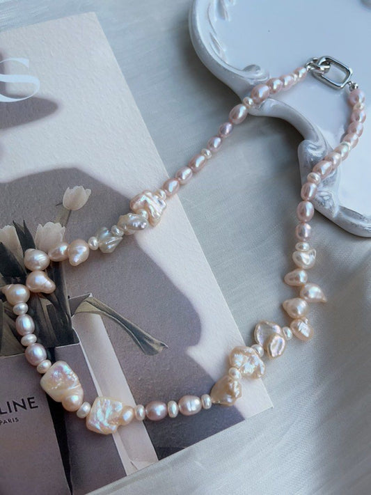 #PN950 Freshwater Pearl Necklace | Lustrous Rice Baroque | Petals| Square Bow Tie | 43cm| Pearls That Whisper Luxury
