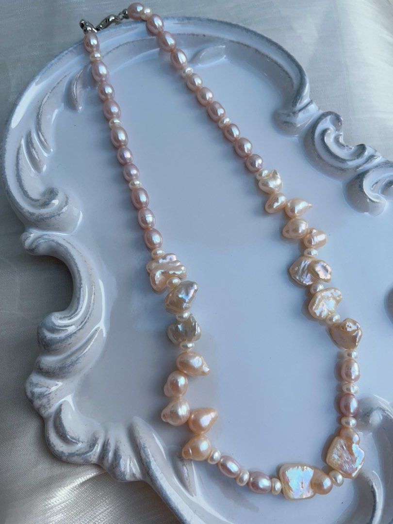 #PN950 Freshwater Pearl Necklace | Lustrous Rice Baroque | Petals| Square Bow Tie | 43cm| Pearls That Whisper Luxury