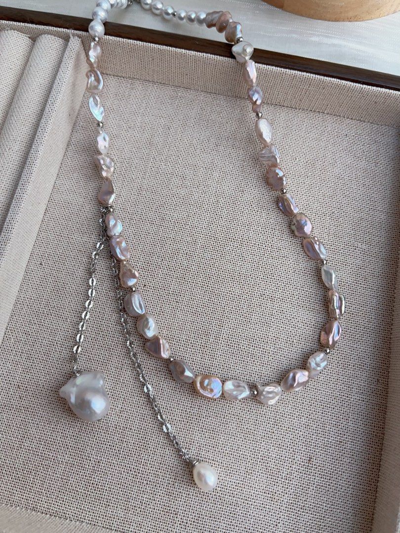 #PN951 Freshwater Pearl Necklace | Irregular Silver Stone Baroque Pearl | Silver-golden Lustre| High Quality | Dangling Small Fishtail Baroque | 41+3cm| A Touch of Class, A Dash of Shine