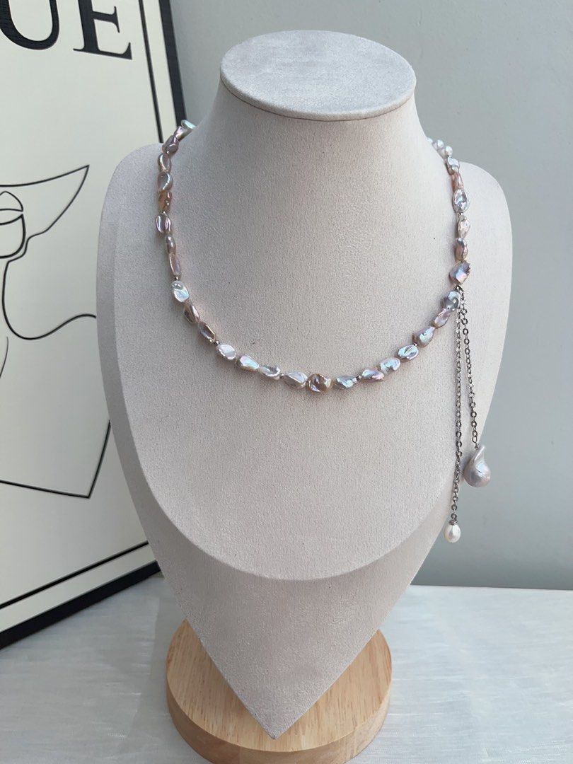 #PN951 Freshwater Pearl Necklace | Irregular Silver Stone Baroque Pearl | Silver-golden Lustre| High Quality | Dangling Small Fishtail Baroque | 41+3cm| A Touch of Class, A Dash of Shine