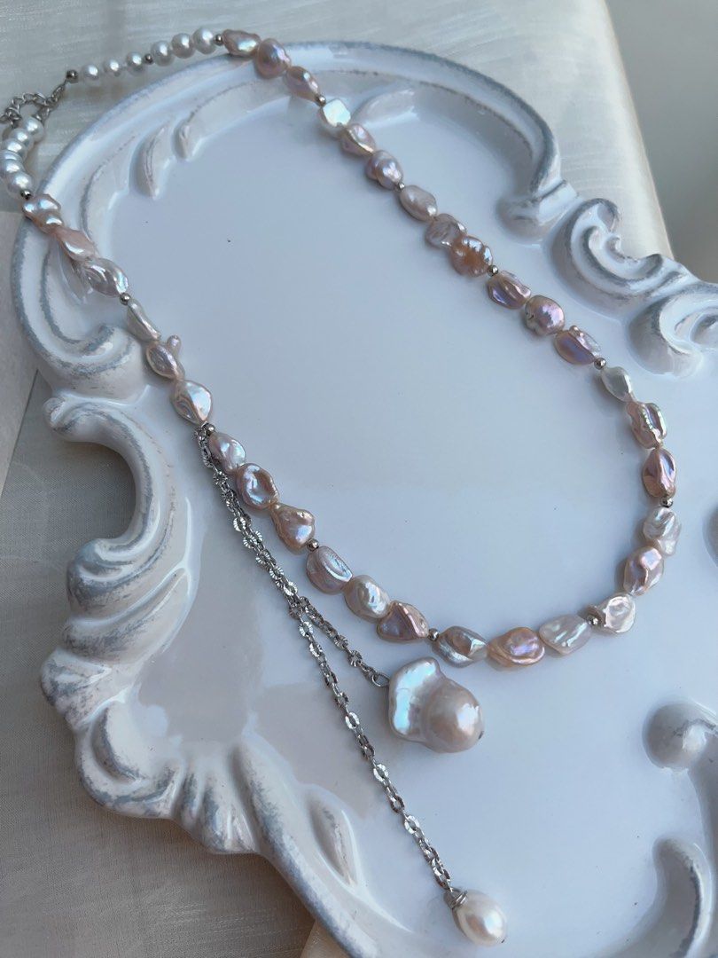 #PN951 Freshwater Pearl Necklace | Irregular Silver Stone Baroque Pearl | Silver-golden Lustre| High Quality | Dangling Small Fishtail Baroque | 41+3cm| A Touch of Class, A Dash of Shine