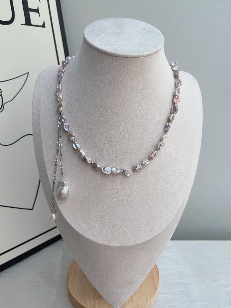 #PN951 Freshwater Pearl Necklace | Irregular Silver Stone Baroque Pearl | Silver-golden Lustre| High Quality | Dangling Small Fishtail Baroque | 41+3cm| A Touch of Class, A Dash of Shine