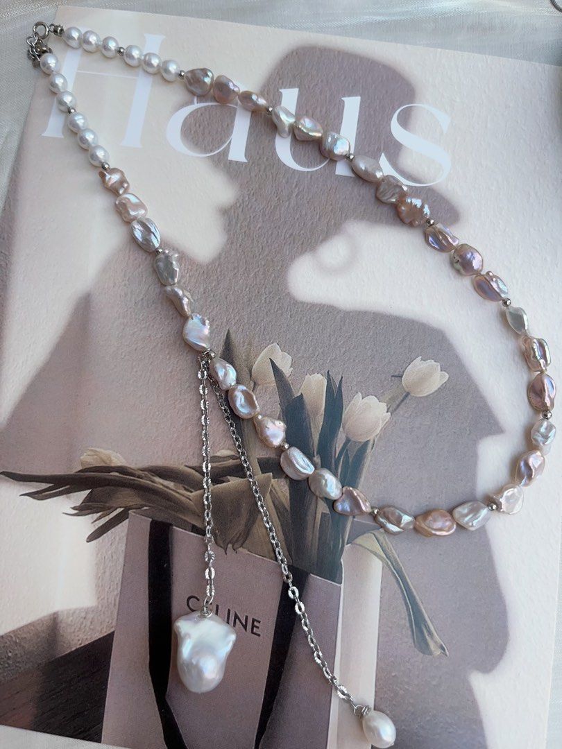 #PN951 Freshwater Pearl Necklace | Irregular Silver Stone Baroque Pearl | Silver-golden Lustre| High Quality | Dangling Small Fishtail Baroque | 41+3cm| A Touch of Class, A Dash of Shine