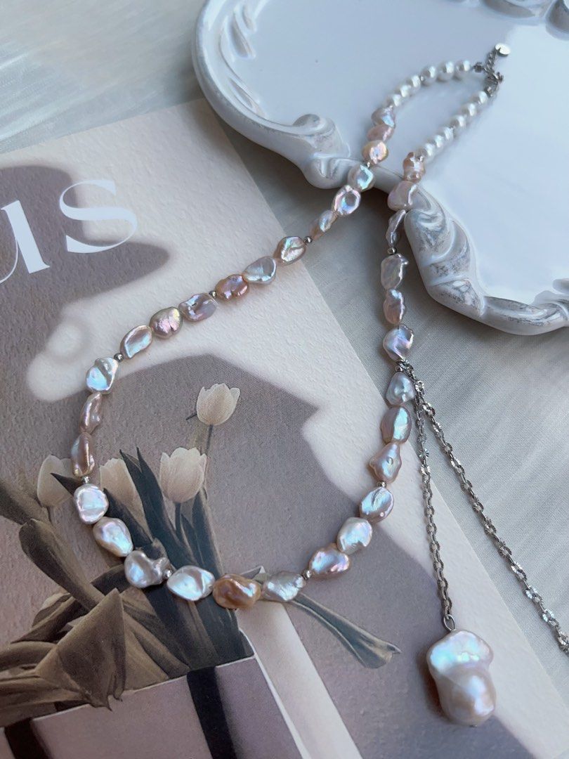 #PN951 Freshwater Pearl Necklace | Irregular Silver Stone Baroque Pearl | Silver-golden Lustre| High Quality | Dangling Small Fishtail Baroque | 41+3cm| A Touch of Class, A Dash of Shine