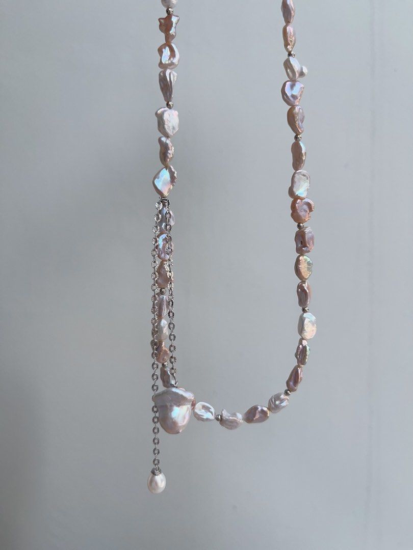 #PN951 Freshwater Pearl Necklace | Irregular Silver Stone Baroque Pearl | Silver-golden Lustre| High Quality | Dangling Small Fishtail Baroque | 41+3cm| A Touch of Class, A Dash of Shine