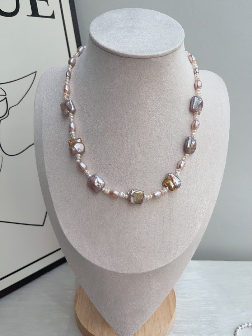 #PN954 Freshwater Pearl Necklace | Purple-golden Square Baroque | Baby Spacer Pearl| Lustrous Rice Pearl| 43cm| Crafted for the Modern Muse| Gift 🎁 Choice