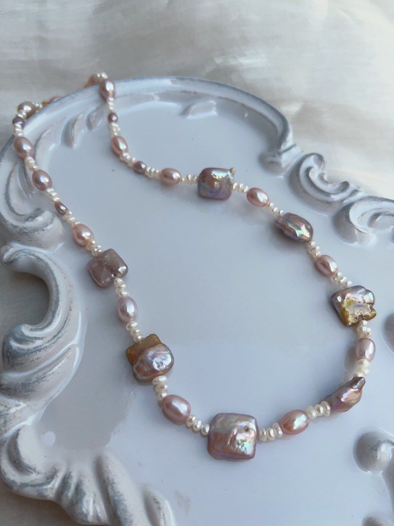 #PN954 Freshwater Pearl Necklace | Purple-golden Square Baroque | Baby Spacer Pearl| Lustrous Rice Pearl| 43cm| Crafted for the Modern Muse| Gift 🎁 Choice
