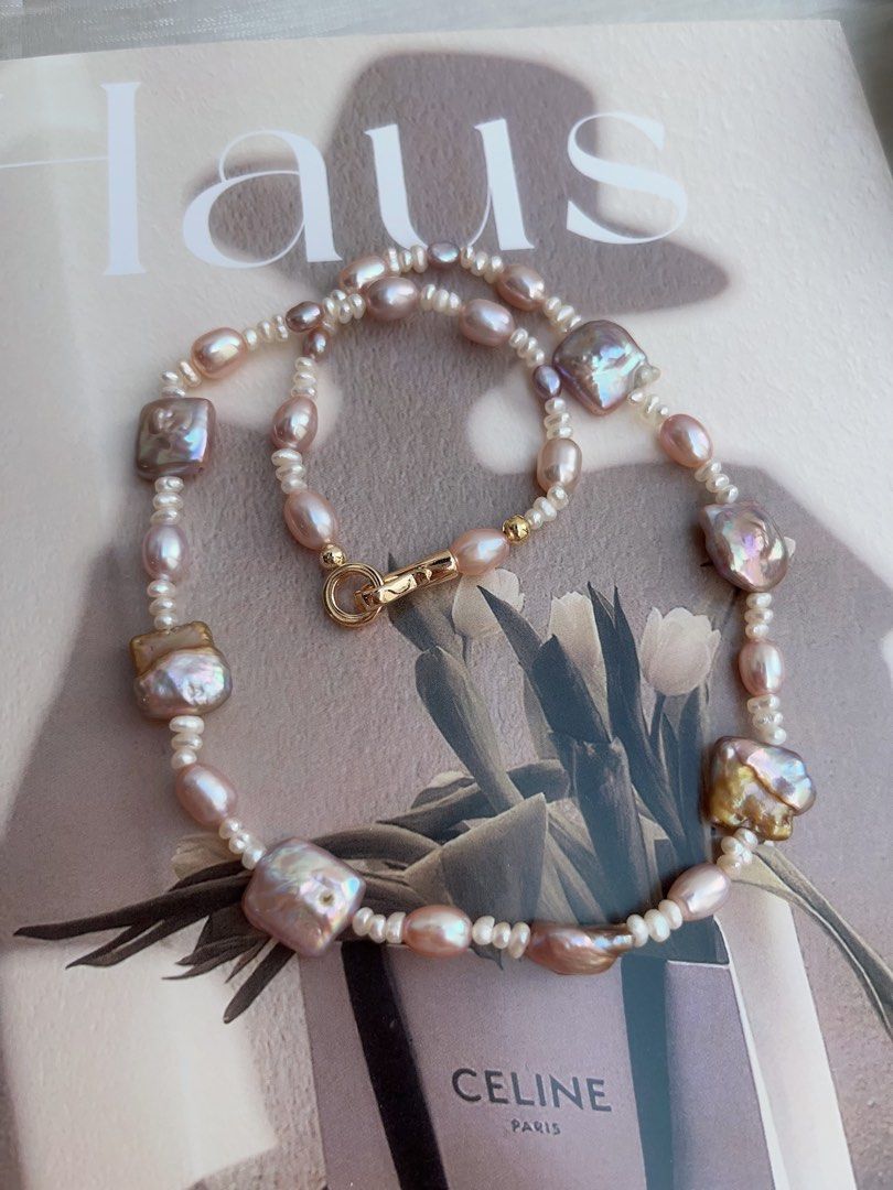 #PN954 Freshwater Pearl Necklace | Purple-golden Square Baroque | Baby Spacer Pearl| Lustrous Rice Pearl| 43cm| Crafted for the Modern Muse| Gift 🎁 Choice