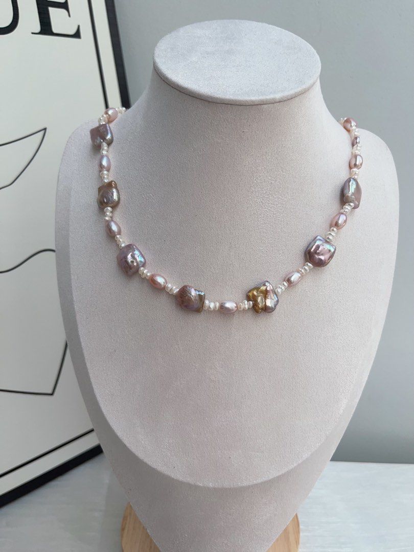 #PN954 Freshwater Pearl Necklace | Purple-golden Square Baroque | Baby Spacer Pearl| Lustrous Rice Pearl| 43cm| Crafted for the Modern Muse| Gift 🎁 Choice