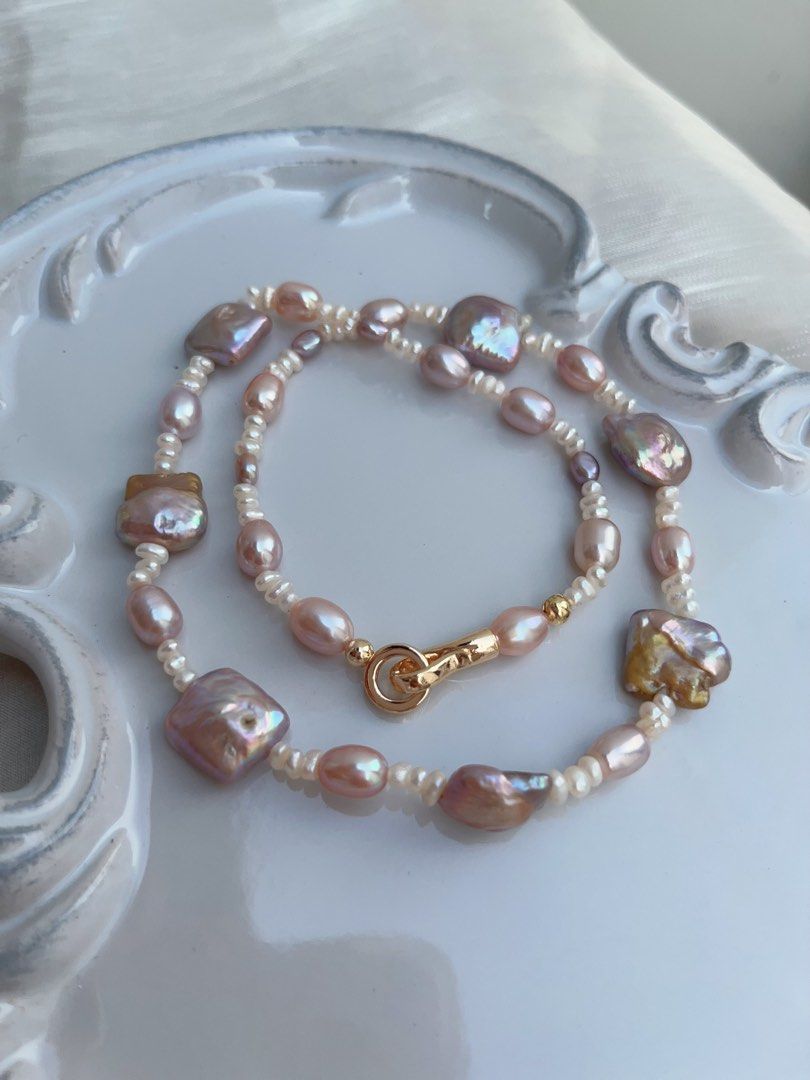 #PN954 Freshwater Pearl Necklace | Purple-golden Square Baroque | Baby Spacer Pearl| Lustrous Rice Pearl| 43cm| Crafted for the Modern Muse| Gift 🎁 Choice