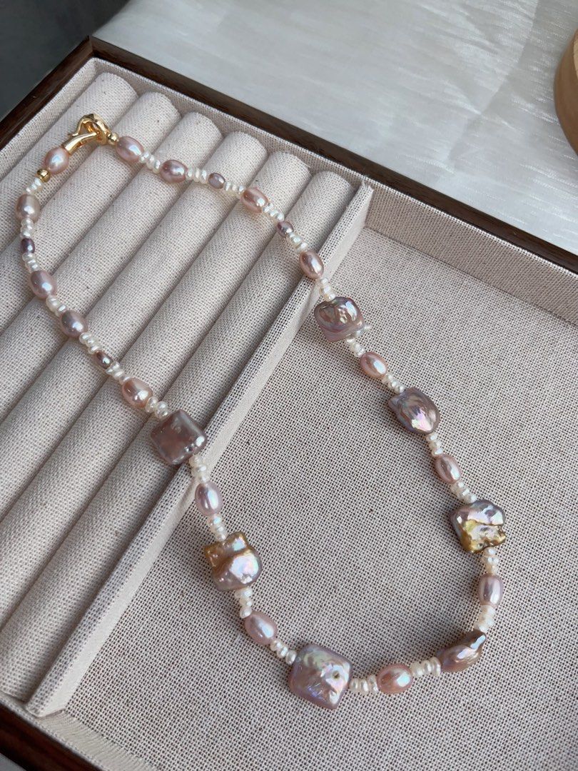 #PN954 Freshwater Pearl Necklace | Purple-golden Square Baroque | Baby Spacer Pearl| Lustrous Rice Pearl| 43cm| Crafted for the Modern Muse| Gift 🎁 Choice