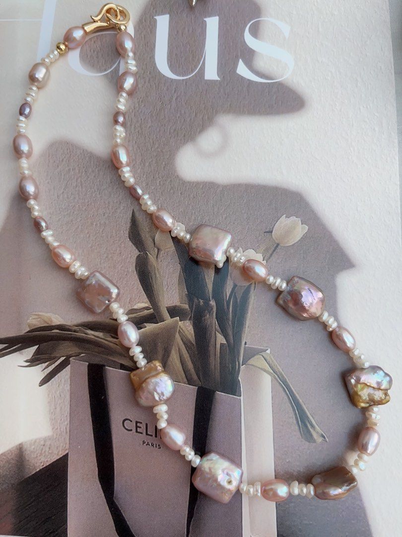 #PN954 Freshwater Pearl Necklace | Purple-golden Square Baroque | Baby Spacer Pearl| Lustrous Rice Pearl| 43cm| Crafted for the Modern Muse| Gift 🎁 Choice
