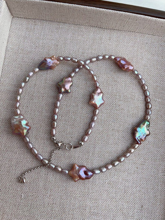 #PN955 Freshwater Pearl Necklace | Top Lustre Baby Rice Baroque | Stars 🌟 with Tails| Metallic Purple | Rare| 41+5cm| Fir Moments That Matter | Birthday Gifts 🎁