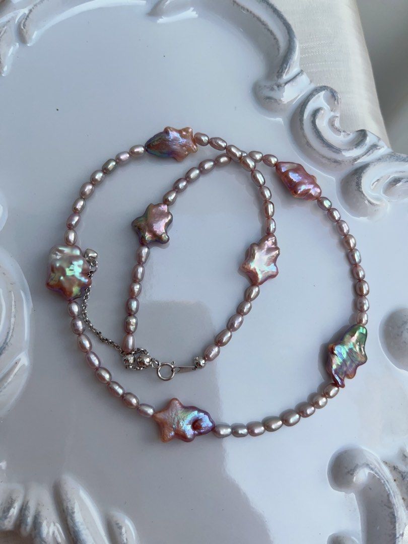 #PN955 Freshwater Pearl Necklace | Top Lustre Baby Rice Baroque | Stars 🌟 with Tails| Metallic Purple | Rare| 41+5cm| Fir Moments That Matter | Birthday Gifts 🎁