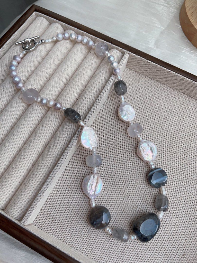 #PN956 Freshwater Pearl Necklace | Grey-ish Pearl | Dark Agate| Translucent Body| Coin Lace Agate| Big Waterdrop Plate Pearl| 48cm| Endlessly Elegant