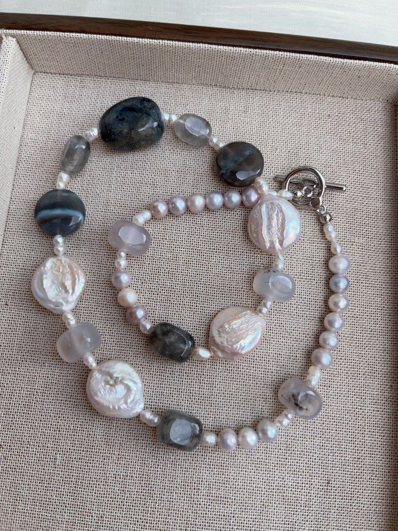 #PN956 Freshwater Pearl Necklace | Grey-ish Pearl | Dark Agate| Translucent Body| Coin Lace Agate| Big Waterdrop Plate Pearl| 48cm| Endlessly Elegant