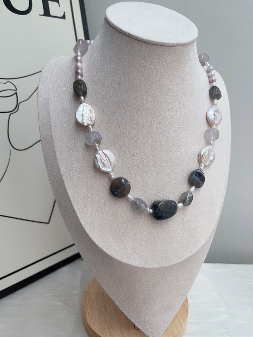 #PN956 Freshwater Pearl Necklace | Grey-ish Pearl | Dark Agate| Translucent Body| Coin Lace Agate| Big Waterdrop Plate Pearl| 48cm| Endlessly Elegant