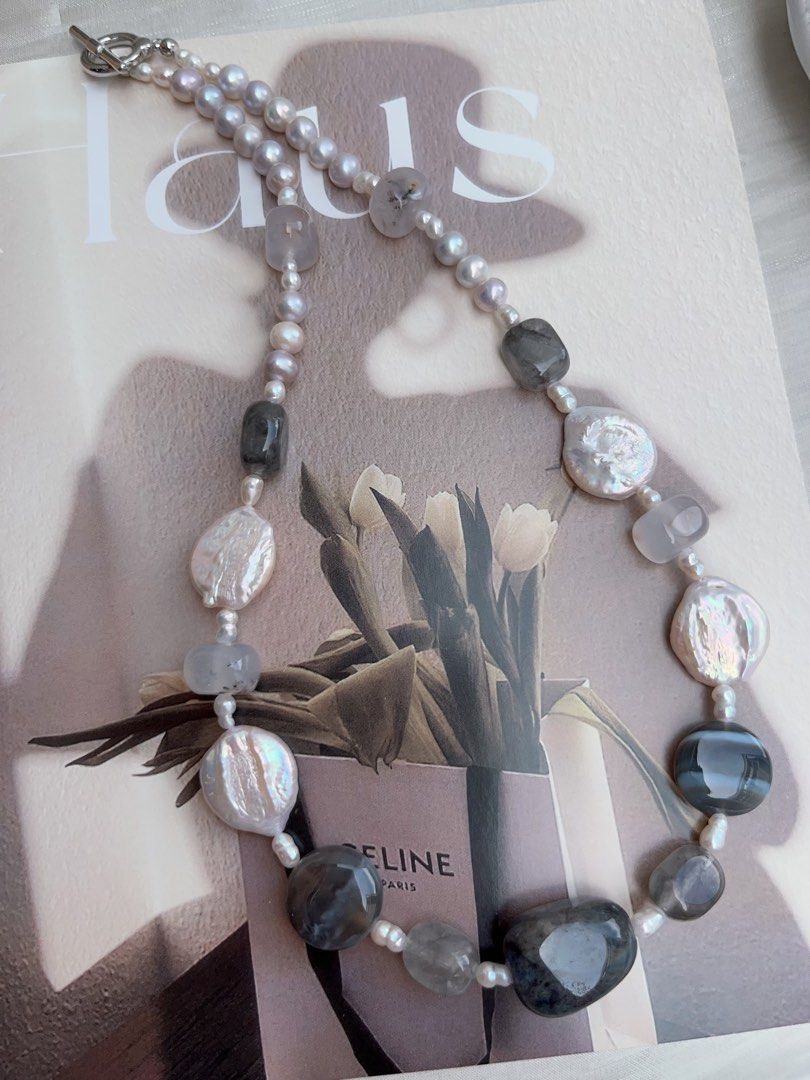 #PN956 Freshwater Pearl Necklace | Grey-ish Pearl | Dark Agate| Translucent Body| Coin Lace Agate| Big Waterdrop Plate Pearl| 48cm| Endlessly Elegant
