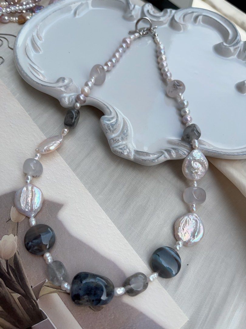 #PN956 Freshwater Pearl Necklace | Grey-ish Pearl | Dark Agate| Translucent Body| Coin Lace Agate| Big Waterdrop Plate Pearl| 48cm| Endlessly Elegant