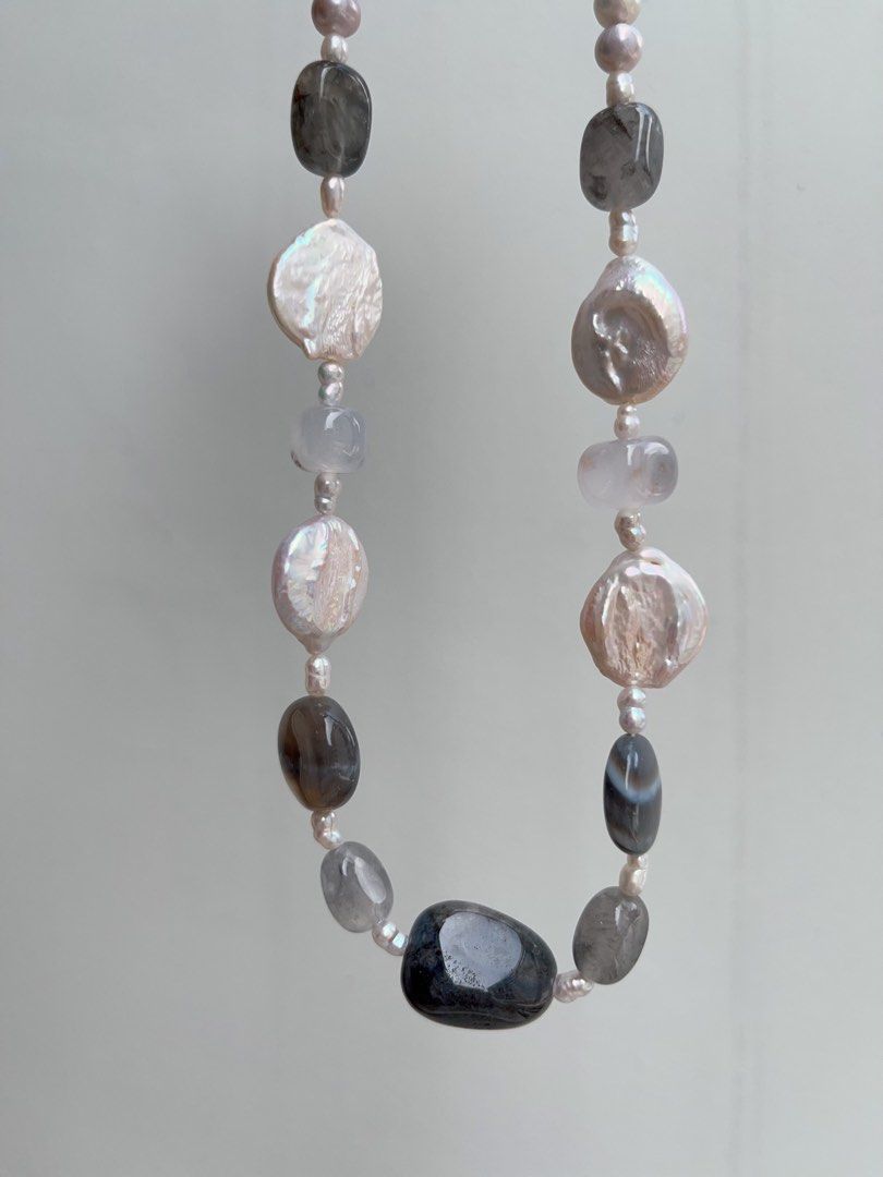 #PN956 Freshwater Pearl Necklace | Grey-ish Pearl | Dark Agate| Translucent Body| Coin Lace Agate| Big Waterdrop Plate Pearl| 48cm| Endlessly Elegant