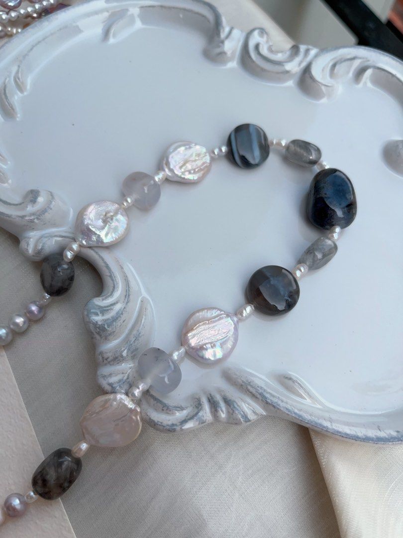 #PN956 Freshwater Pearl Necklace | Grey-ish Pearl | Dark Agate| Translucent Body| Coin Lace Agate| Big Waterdrop Plate Pearl| 48cm| Endlessly Elegant
