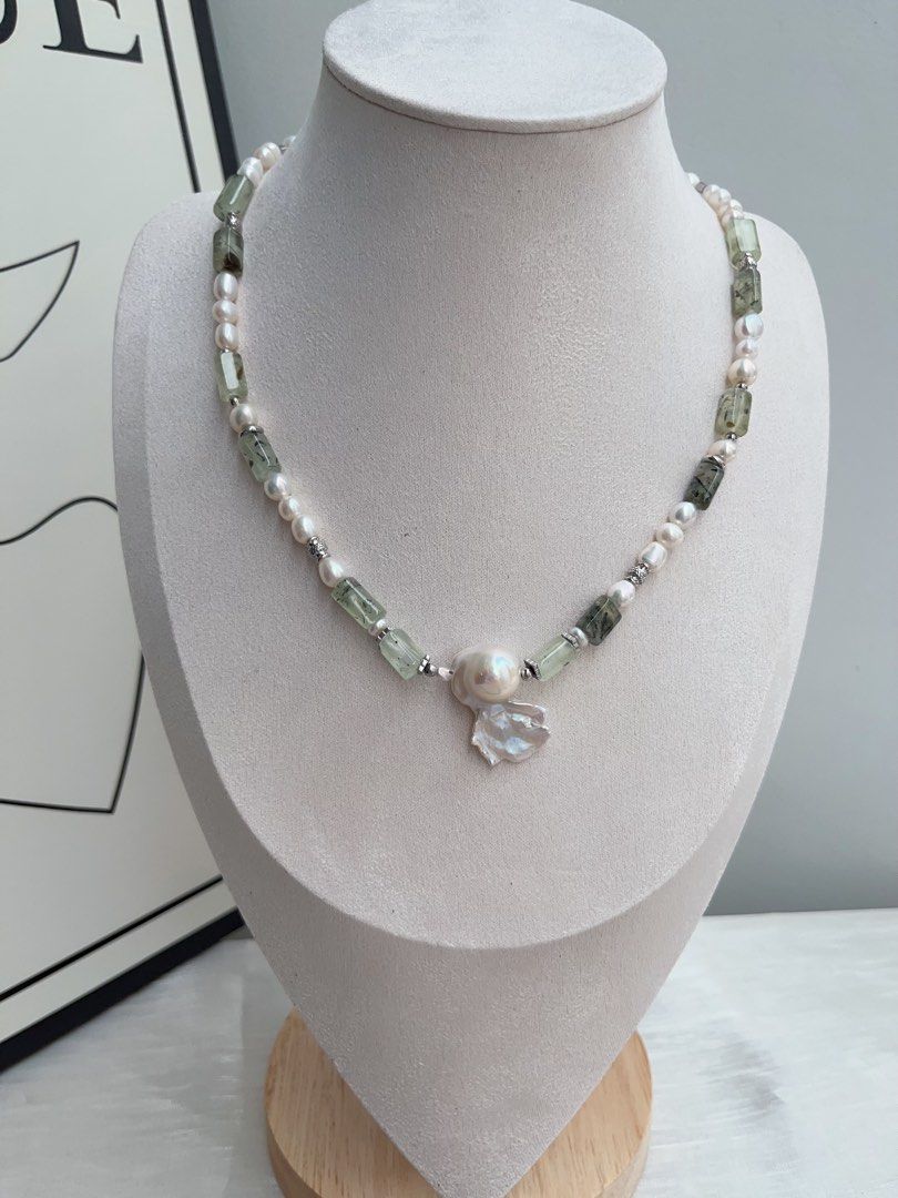 #PN957 Freshwater Pearl Necklace | Prehnite Barrel | White Forest 🌳 | Hamburger 🍔 Baroque | Angel Shaped Baroque | 45cm| A Modern Twist on a Classic Gem