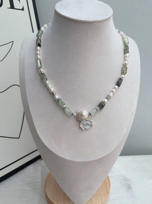 #PN957 Freshwater Pearl Necklace | Prehnite Barrel | White Forest 🌳 | Hamburger 🍔 Baroque | Angel Shaped Baroque | 45cm| A Modern Twist on a Classic Gem