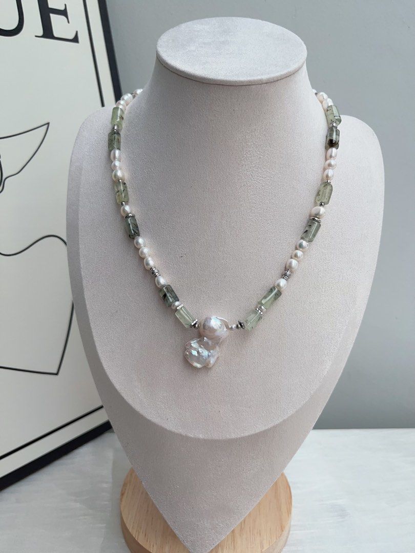 #PN957 Freshwater Pearl Necklace | Prehnite Barrel | White Forest 🌳 | Hamburger 🍔 Baroque | Angel Shaped Baroque | 45cm| A Modern Twist on a Classic Gem