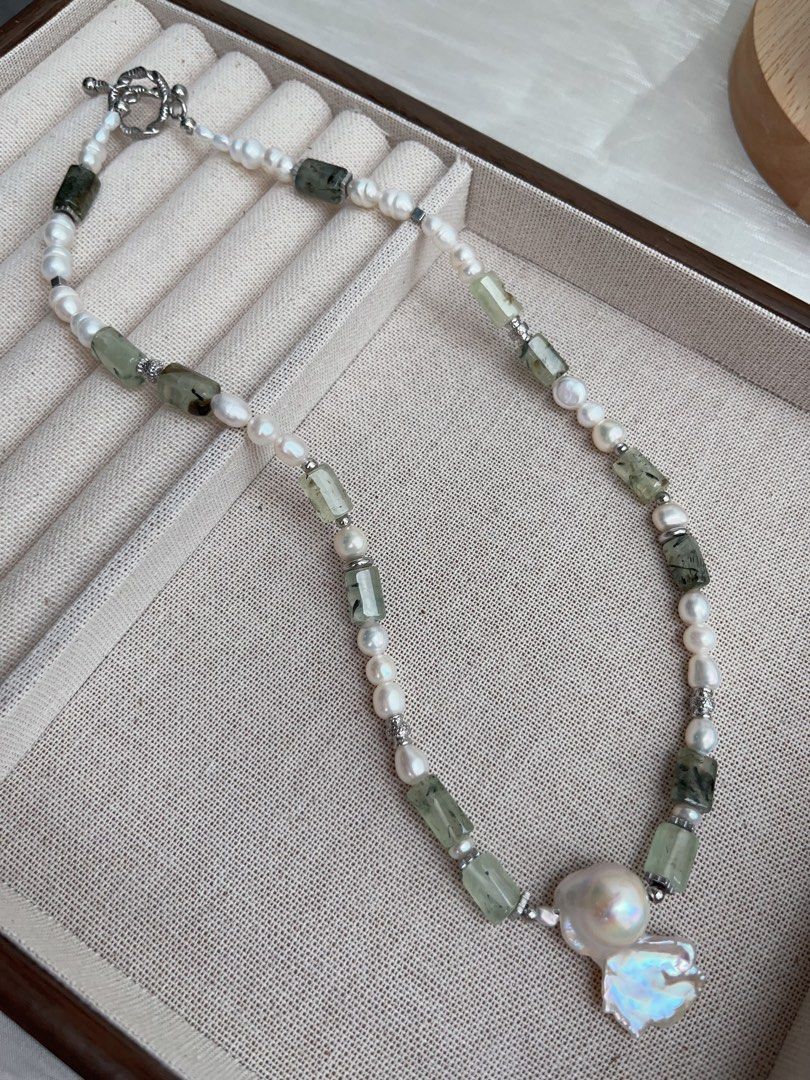 #PN957 Freshwater Pearl Necklace | Prehnite Barrel | White Forest 🌳 | Hamburger 🍔 Baroque | Angel Shaped Baroque | 45cm| A Modern Twist on a Classic Gem