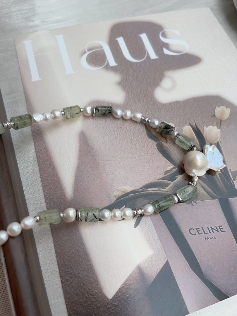 #PN957 Freshwater Pearl Necklace | Prehnite Barrel | White Forest 🌳 | Hamburger 🍔 Baroque | Angel Shaped Baroque | 45cm| A Modern Twist on a Classic Gem