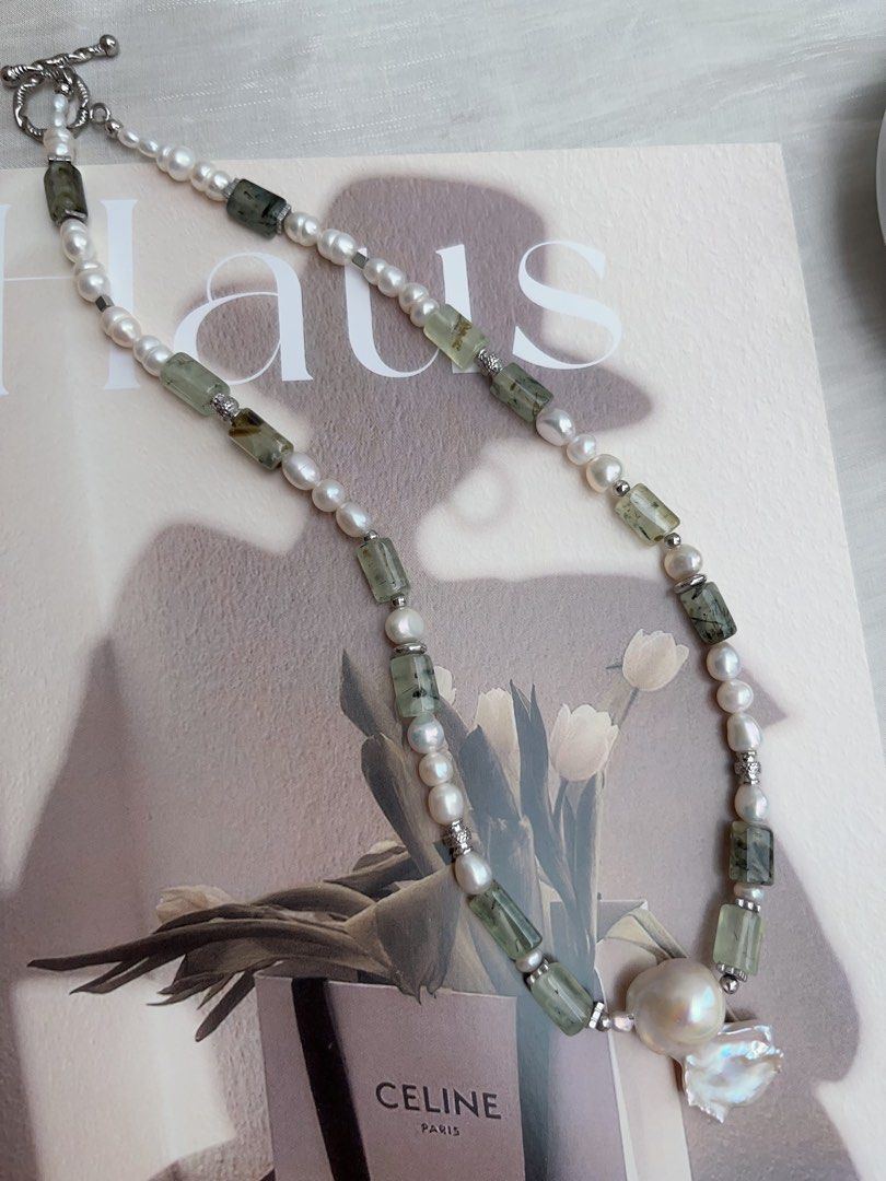 #PN957 Freshwater Pearl Necklace | Prehnite Barrel | White Forest 🌳 | Hamburger 🍔 Baroque | Angel Shaped Baroque | 45cm| A Modern Twist on a Classic Gem