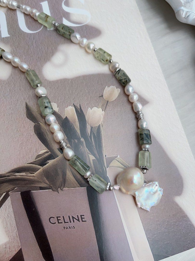 #PN957 Freshwater Pearl Necklace | Prehnite Barrel | White Forest 🌳 | Hamburger 🍔 Baroque | Angel Shaped Baroque | 45cm| A Modern Twist on a Classic Gem