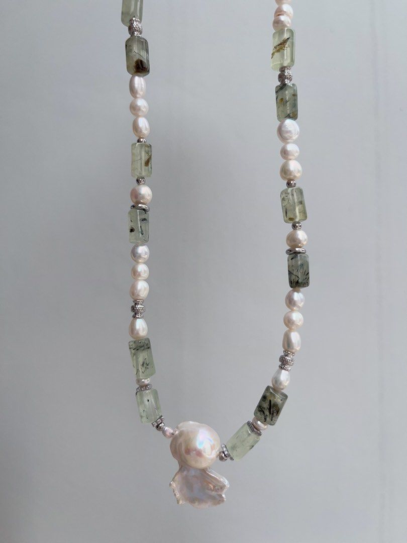 #PN957 Freshwater Pearl Necklace | Prehnite Barrel | White Forest 🌳 | Hamburger 🍔 Baroque | Angel Shaped Baroque | 45cm| A Modern Twist on a Classic Gem