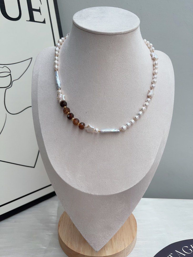 #PN958 Freshwater Pearl Necklace | Star Baroque | Brown Faceted Abacus Agate| Stick Pearl| 43cm| Minimal, Elegant, Unforgettable