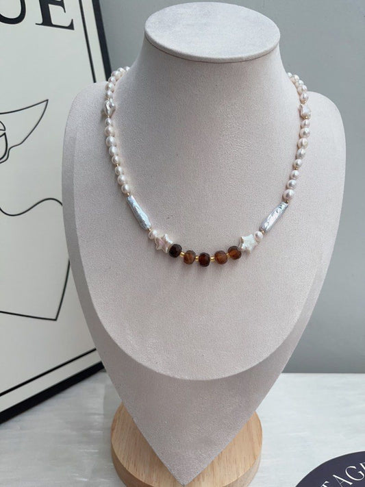 #PN958 Freshwater Pearl Necklace | Star Baroque | Brown Faceted Abacus Agate| Stick Pearl| 43cm| Minimal, Elegant, Unforgettable