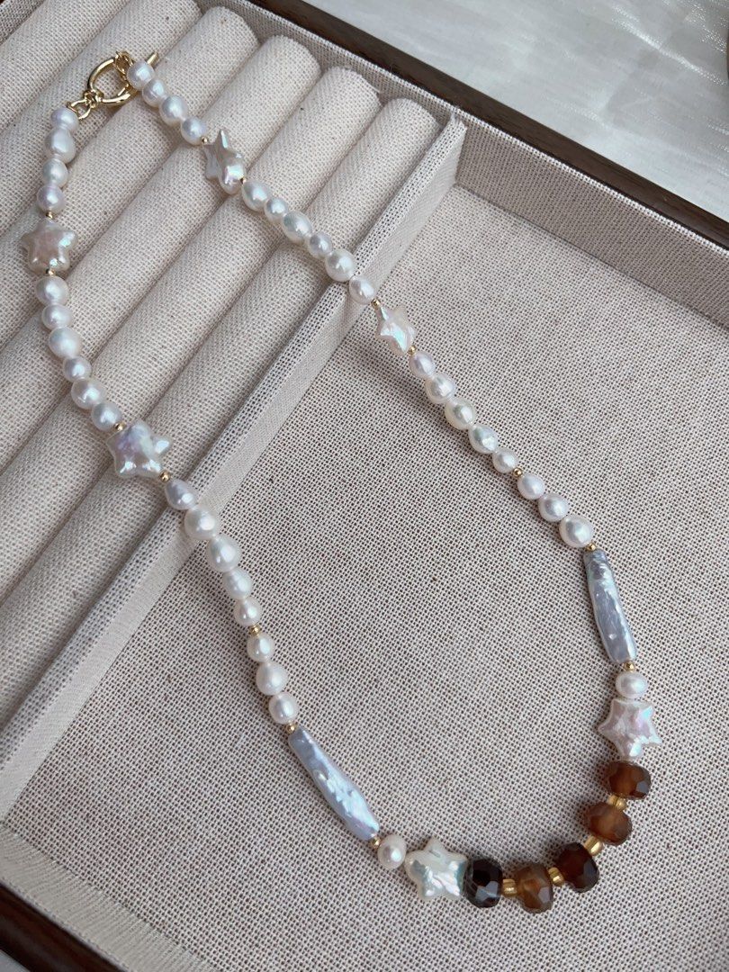 #PN958 Freshwater Pearl Necklace | Star Baroque | Brown Faceted Abacus Agate| Stick Pearl| 43cm| Minimal, Elegant, Unforgettable