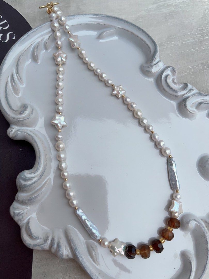 #PN958 Freshwater Pearl Necklace | Star Baroque | Brown Faceted Abacus Agate| Stick Pearl| 43cm| Minimal, Elegant, Unforgettable