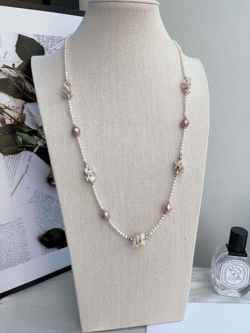 #PN969 [Floral Series] Freshwater Pearl Necklace | 67cm Sweater Necklace | Classic Y Shaped Necklace | Multiple Wearable Ways| Deep Purple Baroque | Baby Pearl & Petals | Mood Refresher