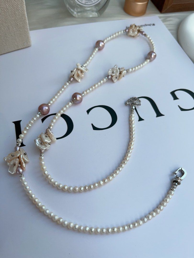 #PN969 [Floral Series] Freshwater Pearl Necklace | 67cm Sweater Necklace | Classic Y Shaped Necklace | Multiple Wearable Ways| Deep Purple Baroque | Baby Pearl & Petals | Mood Refresher